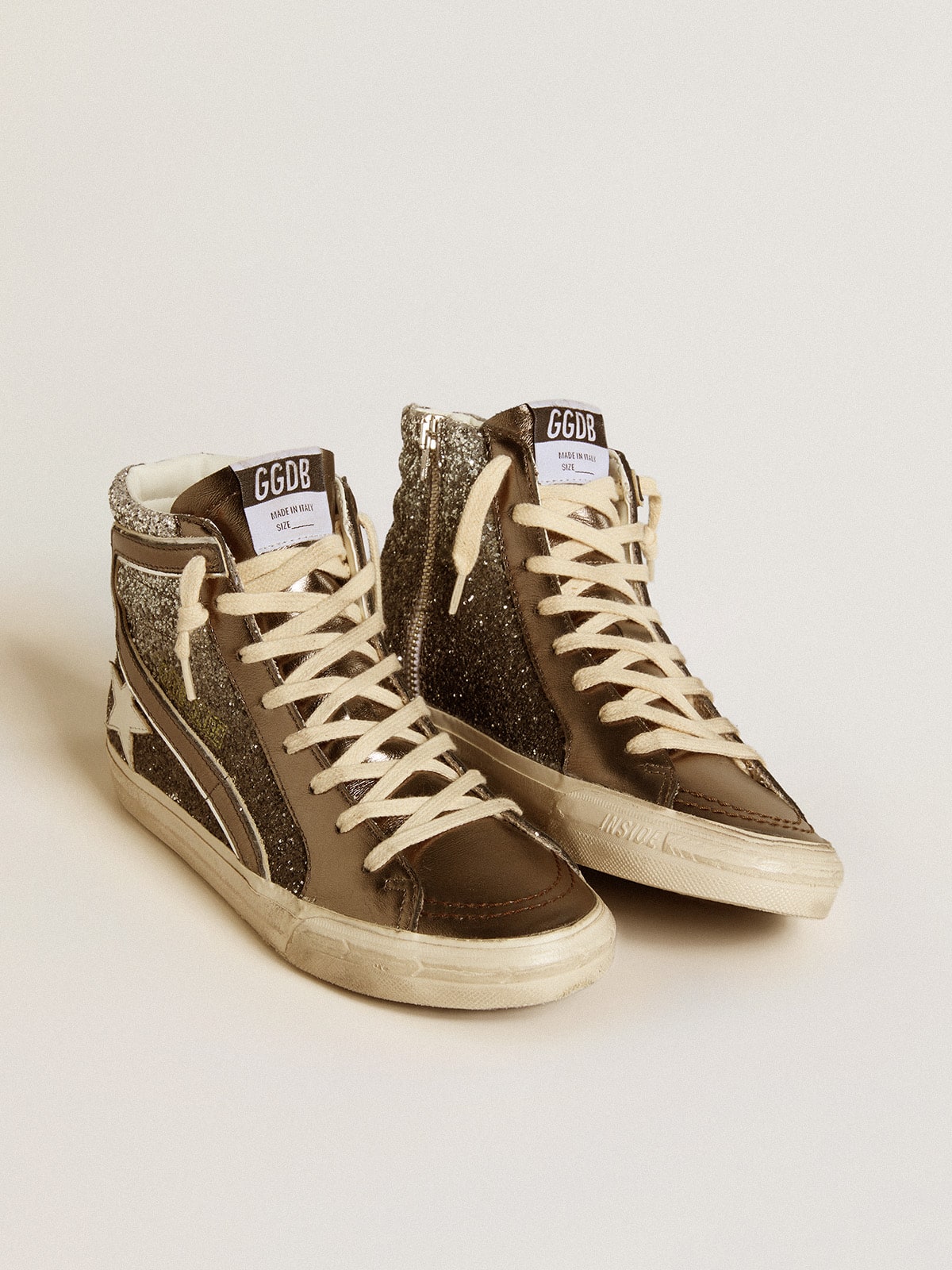 Golden Goose - Slide in black and silver glitter with leather star and metallic flash in 