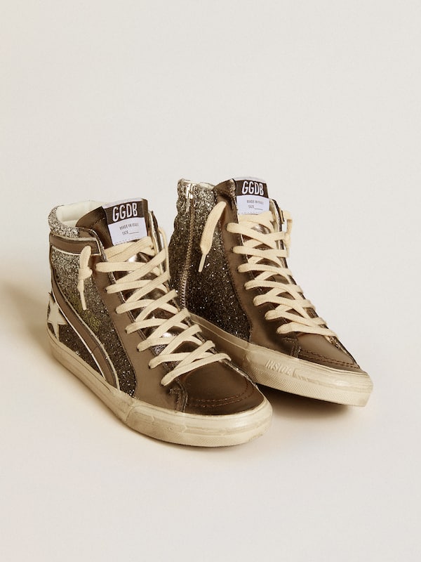 Golden Goose - Women's Slide in black and silver glitter with leather star and metallic flash in 