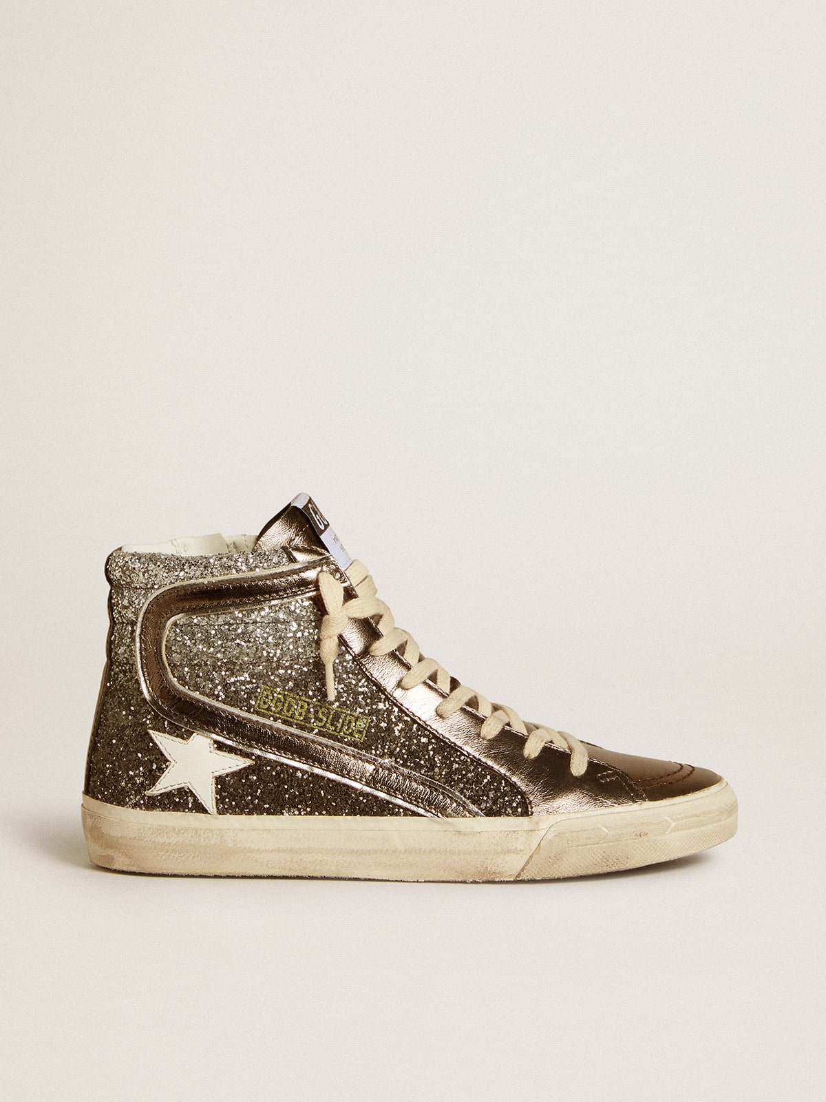 Golden Goose - Slide con purpurina negra y plateada con estrella de piel y detalle de «coma» laminada in 