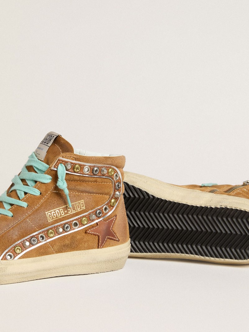 Golden Goose - Slide de mujer de ante color ocre con estrella de piel color tabaco in 