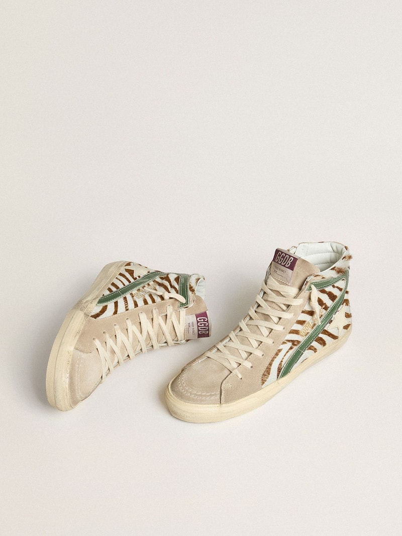 Golden Goose - Slide pour femme en cuir fa&ccedil;on poulain z&eacute;br&eacute; avec virgule en cuir lam&eacute; vert in 