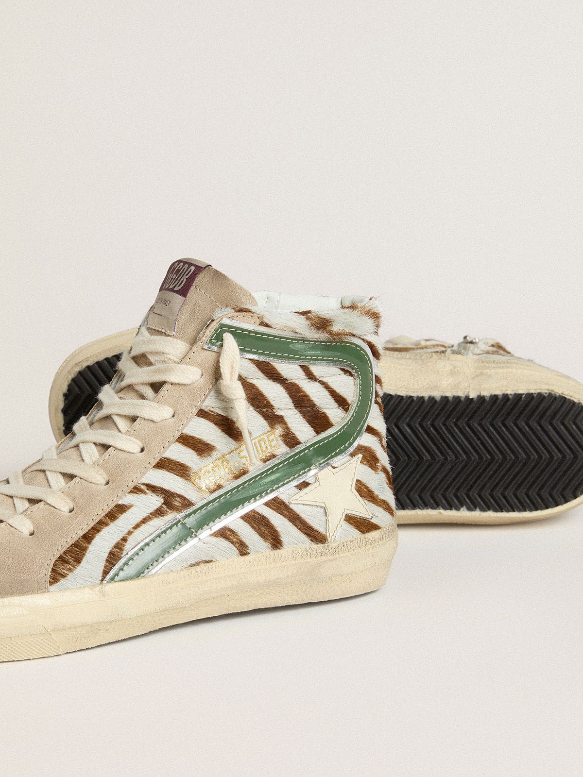 Golden Goose - Women's Slide in zebra-print pony skin with green laminated leather flash in 
