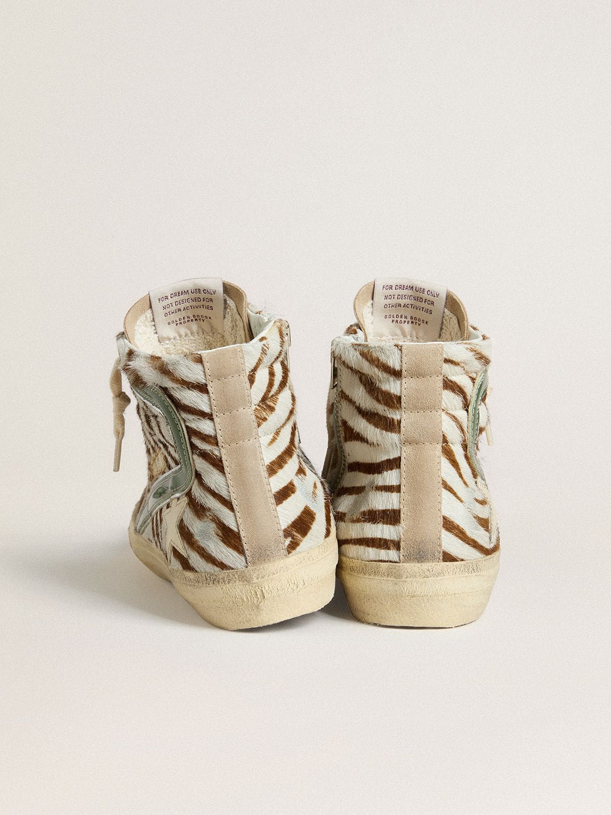 Golden Goose - Women's Slide in zebra-print pony skin with green laminated leather flash in 
