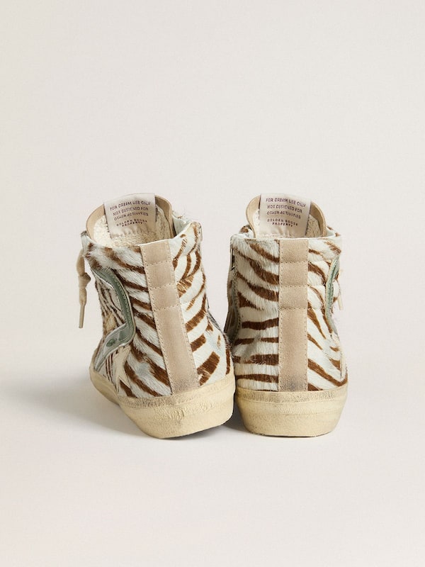 Golden Goose - Women's Slide in zebra-print pony skin with green laminated leather flash in 