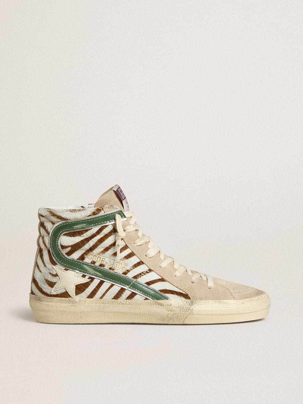Golden Goose - Women's Slide in zebra-print pony skin with green laminated leather flash in 