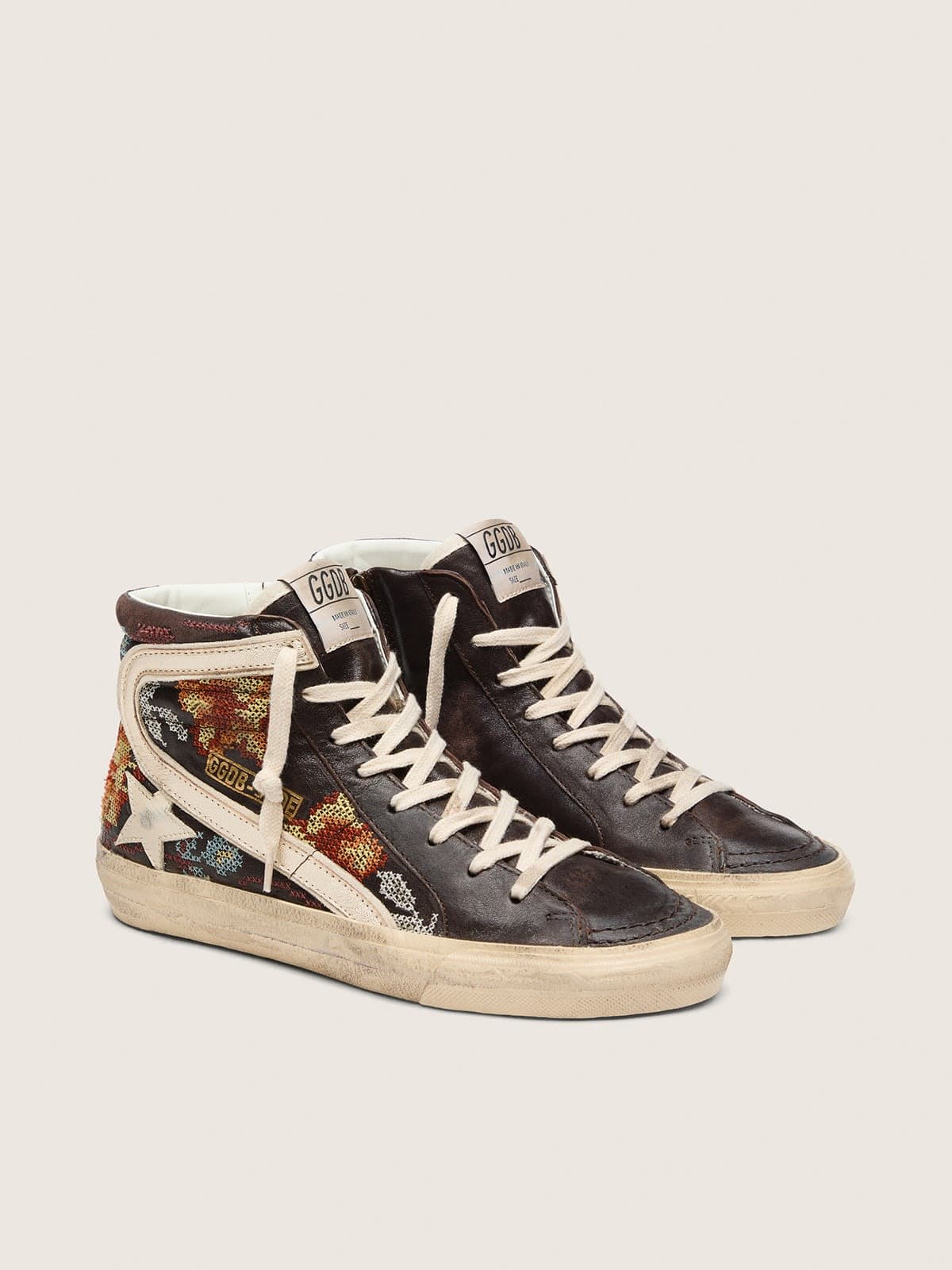 Women&rsquo;s Slide in ebony leather with cream star and multicolor embroidery