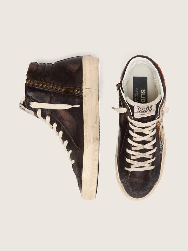 Golden Goose - Slide donna in pelle color ebano con stella crema e ricamo multicolor in 