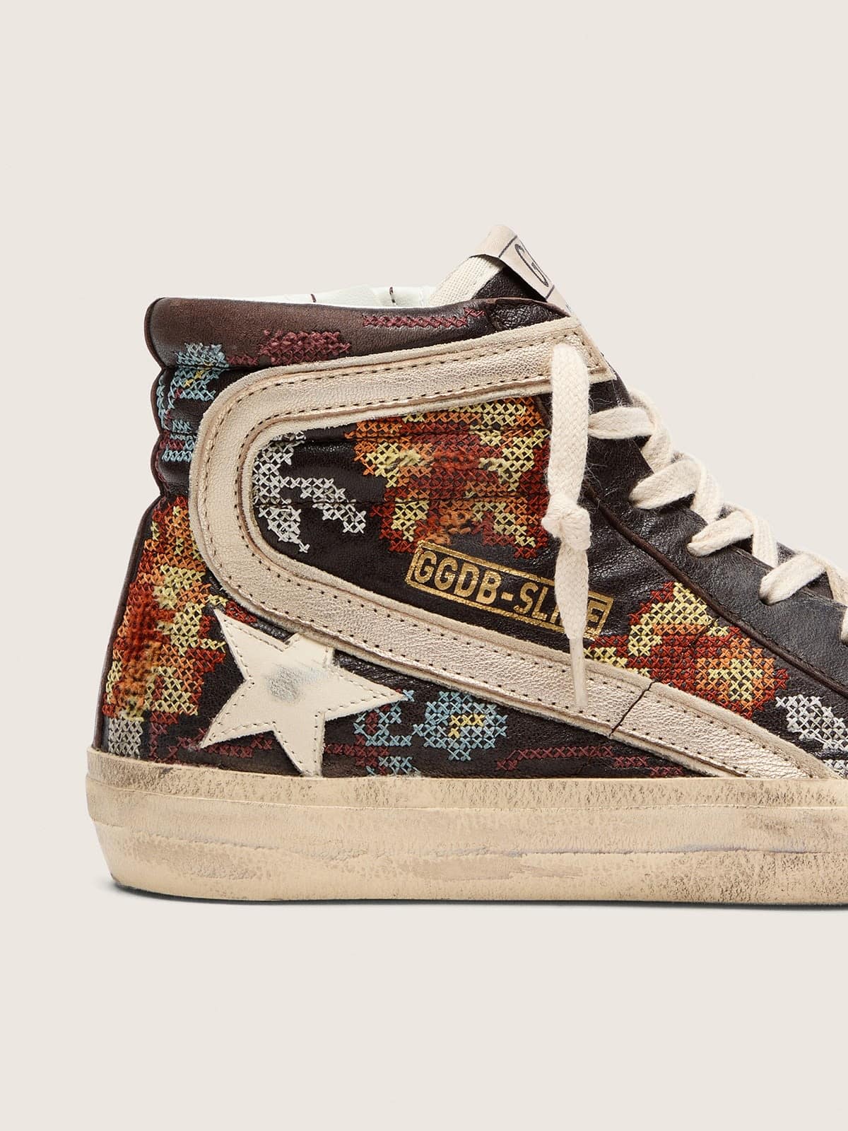 Golden Goose - Slide donna in pelle color ebano con stella crema e ricamo multicolor in 