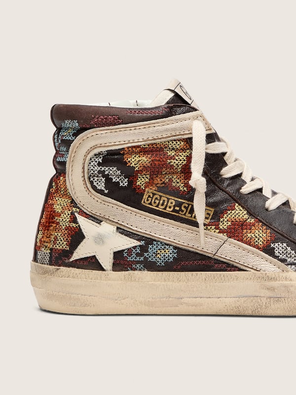 Golden Goose - Slide donna in pelle color ebano con stella crema e ricamo multicolor in 