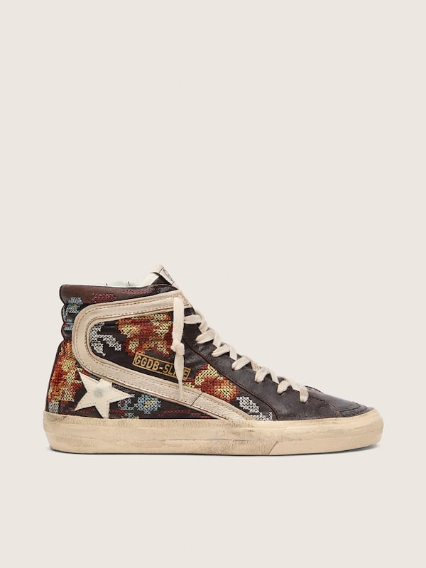 Golden Goose - Slide donna in pelle color ebano con stella crema e ricamo multicolor in 
