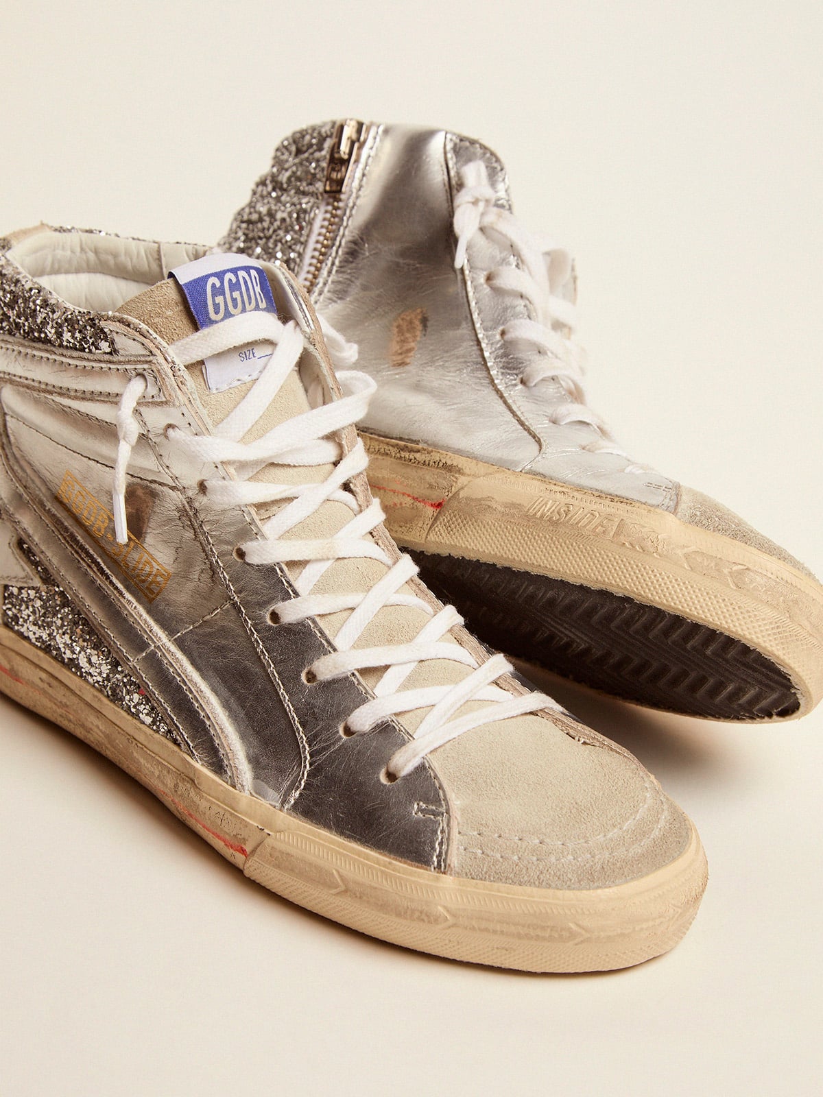 Golden Goose - Women's Slide with laminated leather upper and silver glitter in 