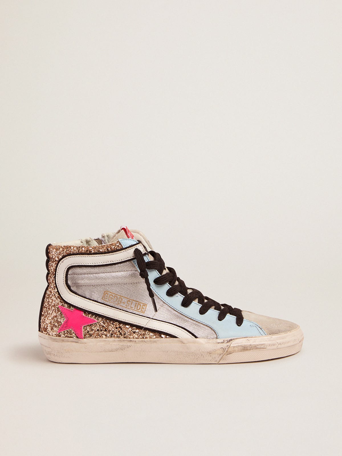 Golden Goose - Tênis de cano alto Slide LDT com glitter e estrela fúcsia in 