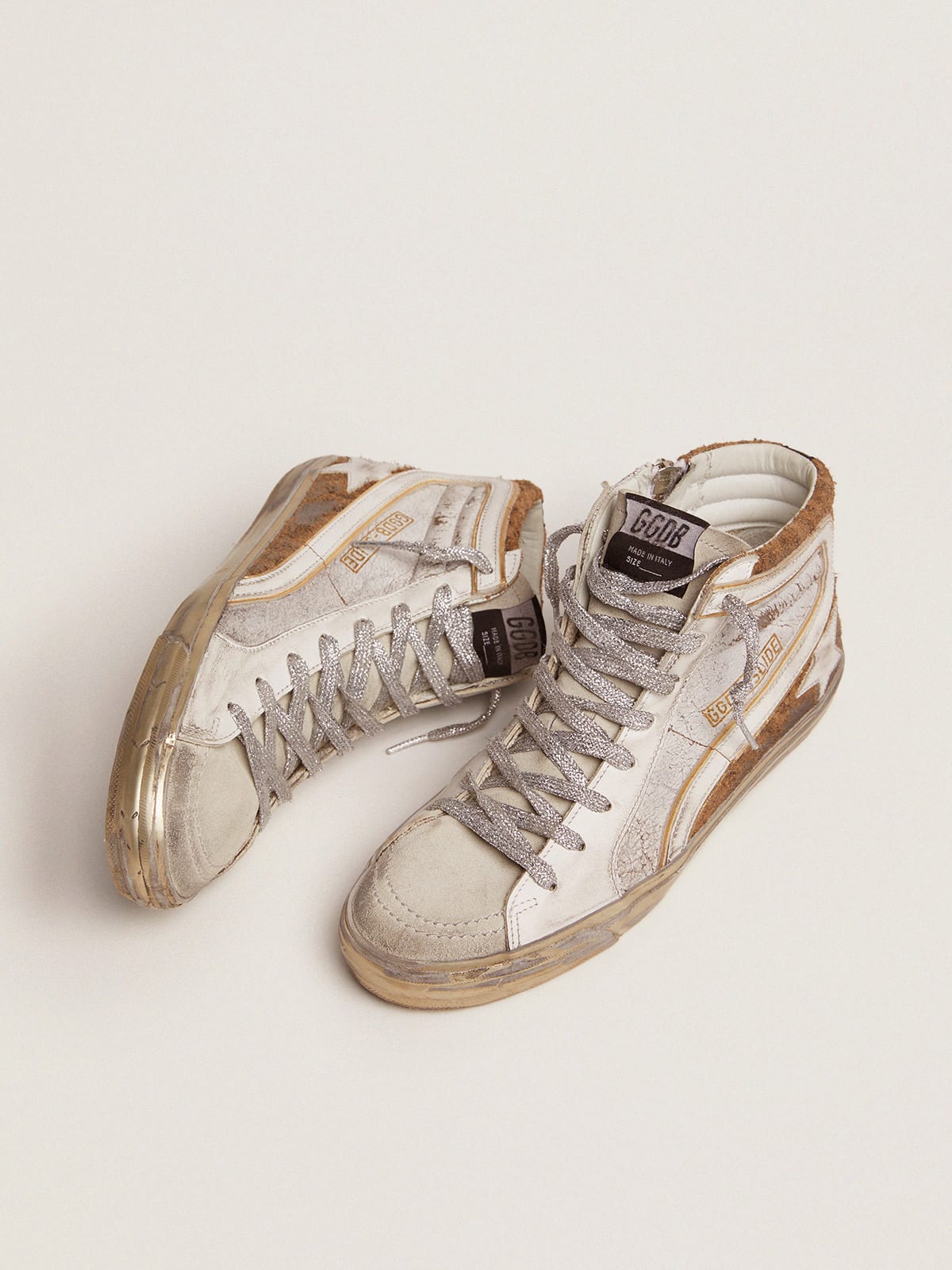 Golden Goose - Slide sneakers in crackle leather and leopard-print suede in 