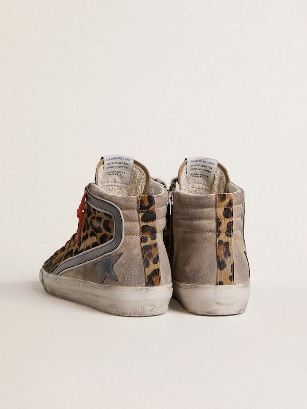 Golden Goose - Women’s Slide LTD in leopard-print pony skin with metallic leather star and flash in 