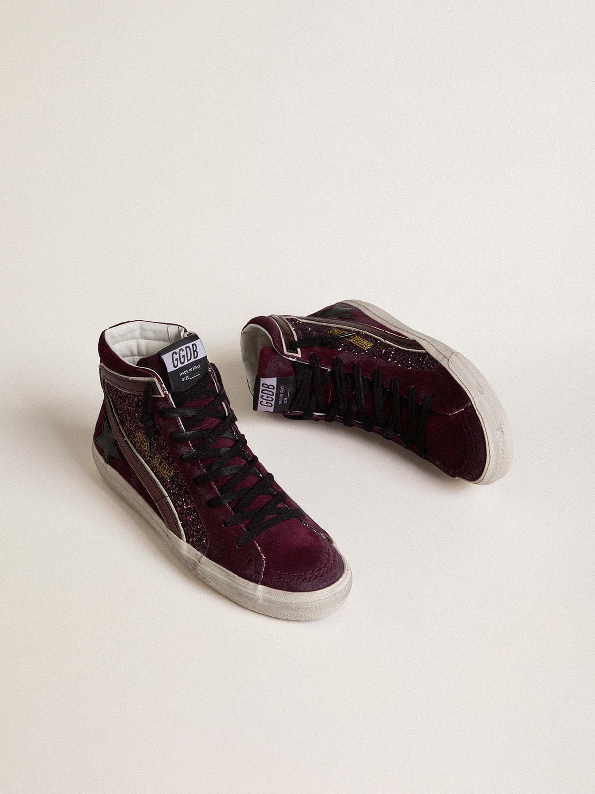 Golden Goose - Women's Slide in black cherry glitter and suede with leather star and metallic leather flash in 