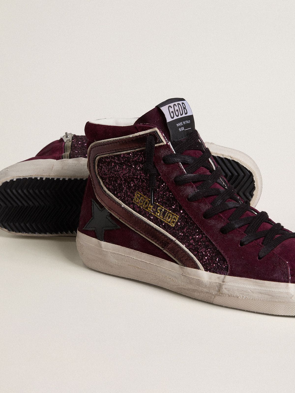 Golden Goose - Women's Slide in black cherry glitter and suede with leather star and metallic leather flash in 