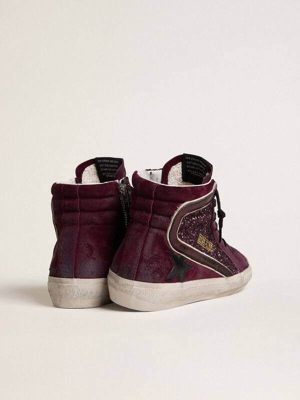 Golden Goose - Women's Slide in black cherry glitter and suede with leather star and metallic leather flash in 