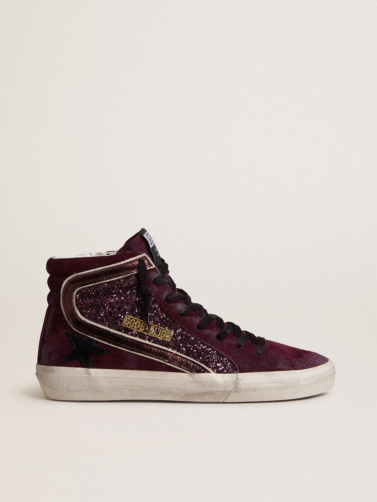 Golden Goose - Women's Slide in black cherry glitter and suede with leather star and metallic leather flash in 