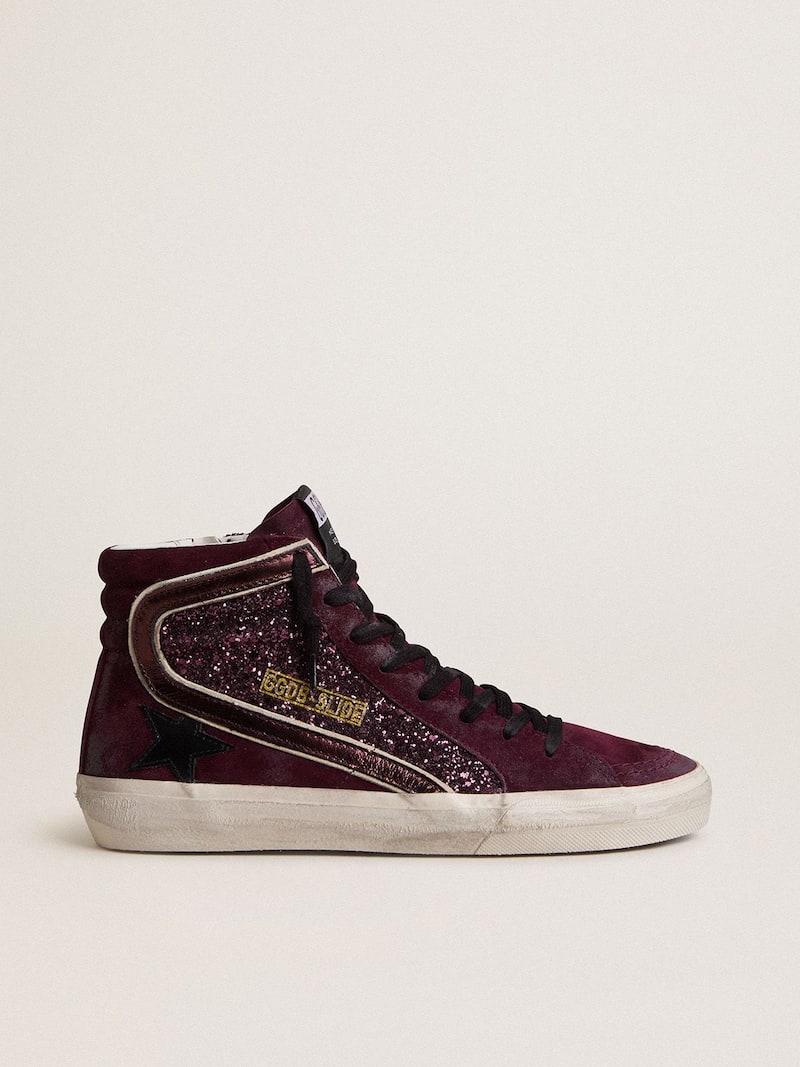 Slide Donna in glitter e suede amarena con stella in pelle e virgola in pelle laminata
