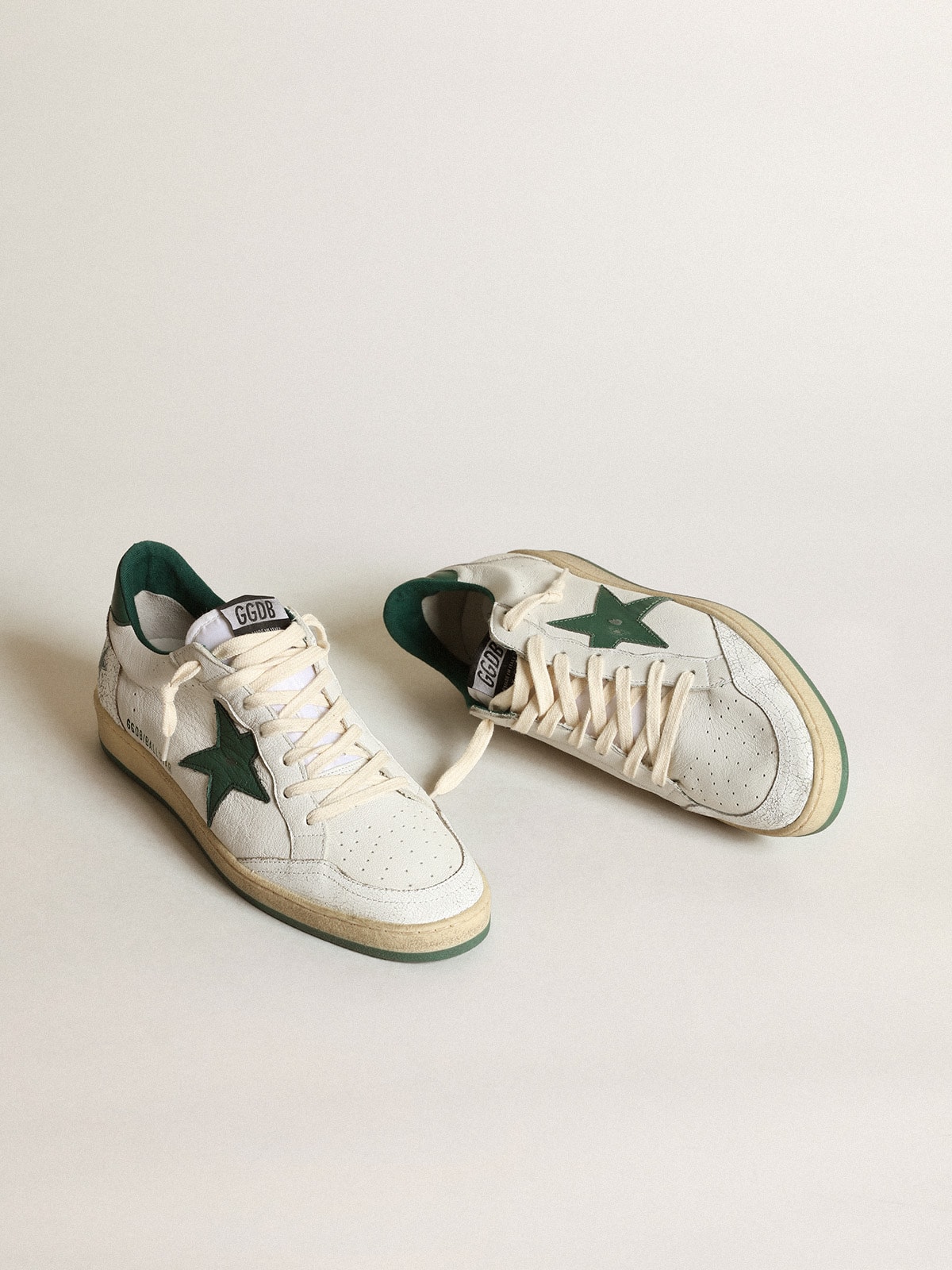 Golden Goose - Women's Ball Star in white nappa leather with green leather star and heel tab in 