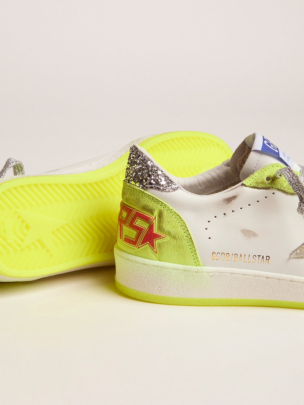 Golden Goose - White Ball Star sneakers with fluorescent yellow inserts and glitter in 