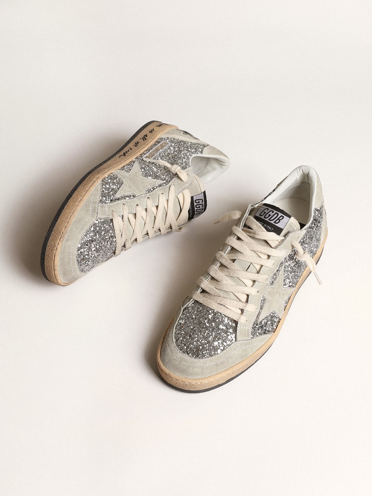 Golden Goose - Women’s Ball Star in silver glitter with ice-gray suede inserts in 