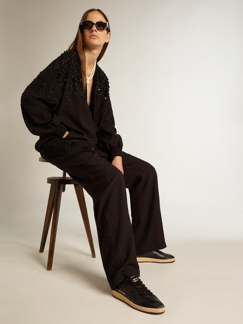 Golden Goose - Schwarzer Ball Star f&uuml;r Damen aus Nappaleder mit schwarzem Glitzerstern und Rauleder an der Fersenpartie in 