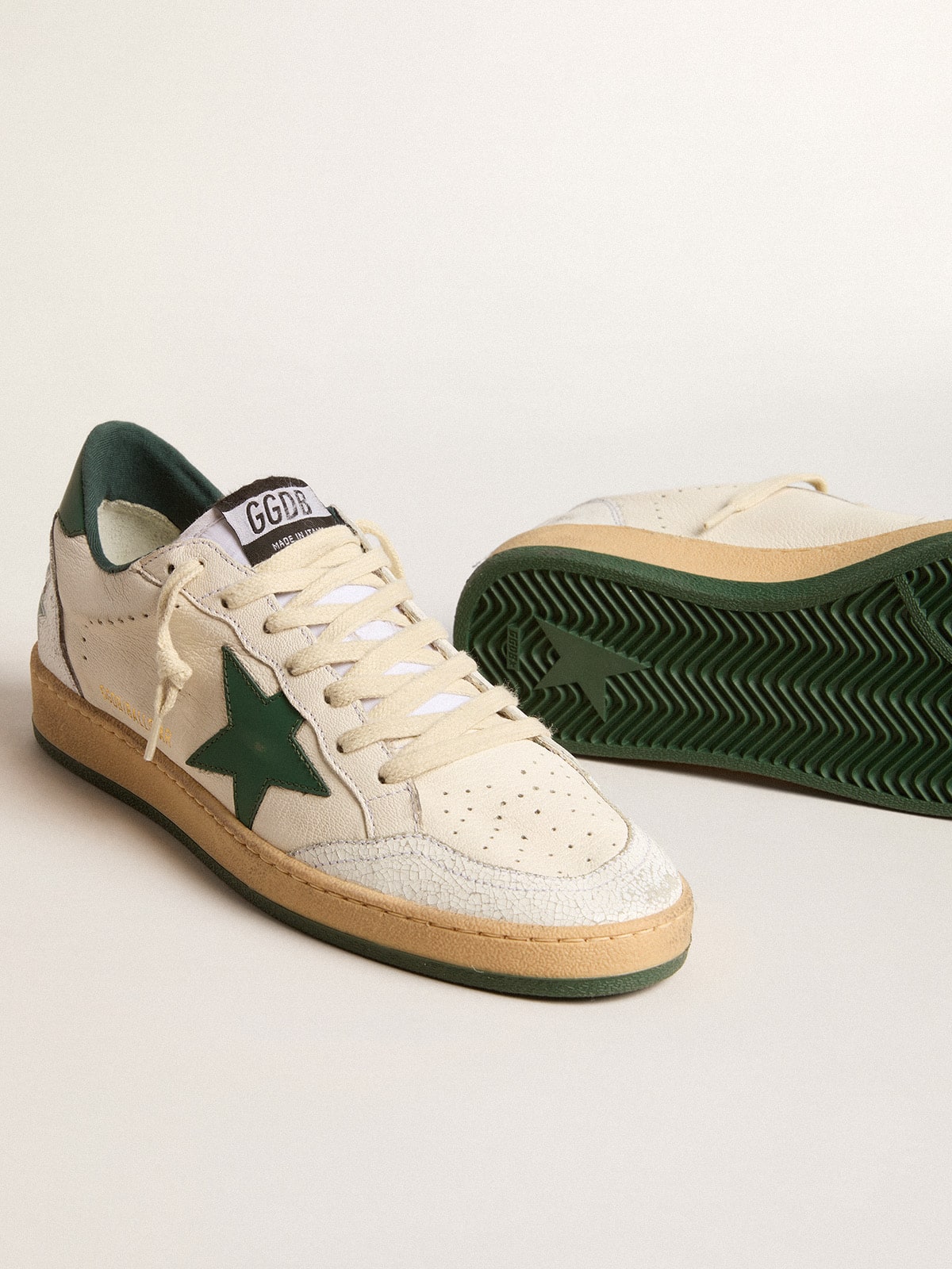 Golden Goose - Women's Ball Star Wishes in white nappa leather with green leather star and heel tab in 