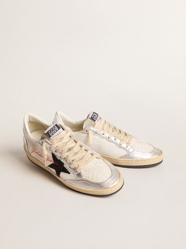 Golden Goose - Ball Star in white mesh with black glitter star and silver inserts in 