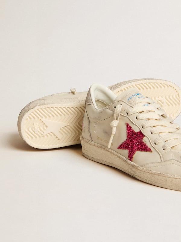 Golden Goose - Ball Star LTD with fuchsia glitter star and light gray suede heel tab in 