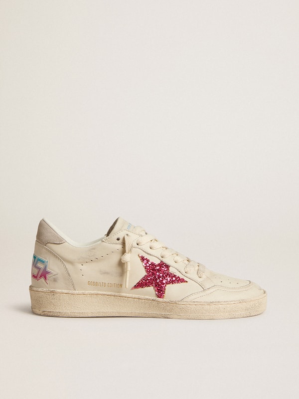 Golden Goose - Ball Star LTD with fuchsia glitter star and light gray suede heel tab in 