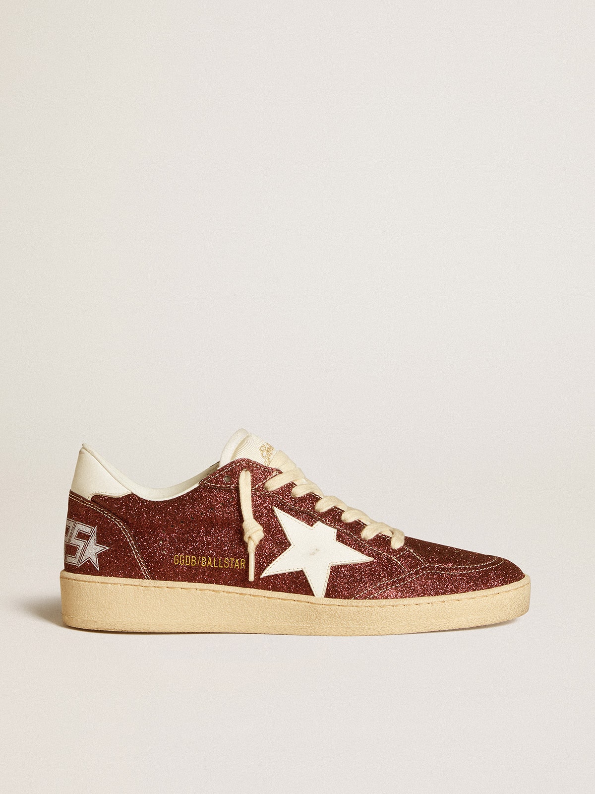 Ball Star in burgundy glitter with white leather star and heel tab Golden Goose