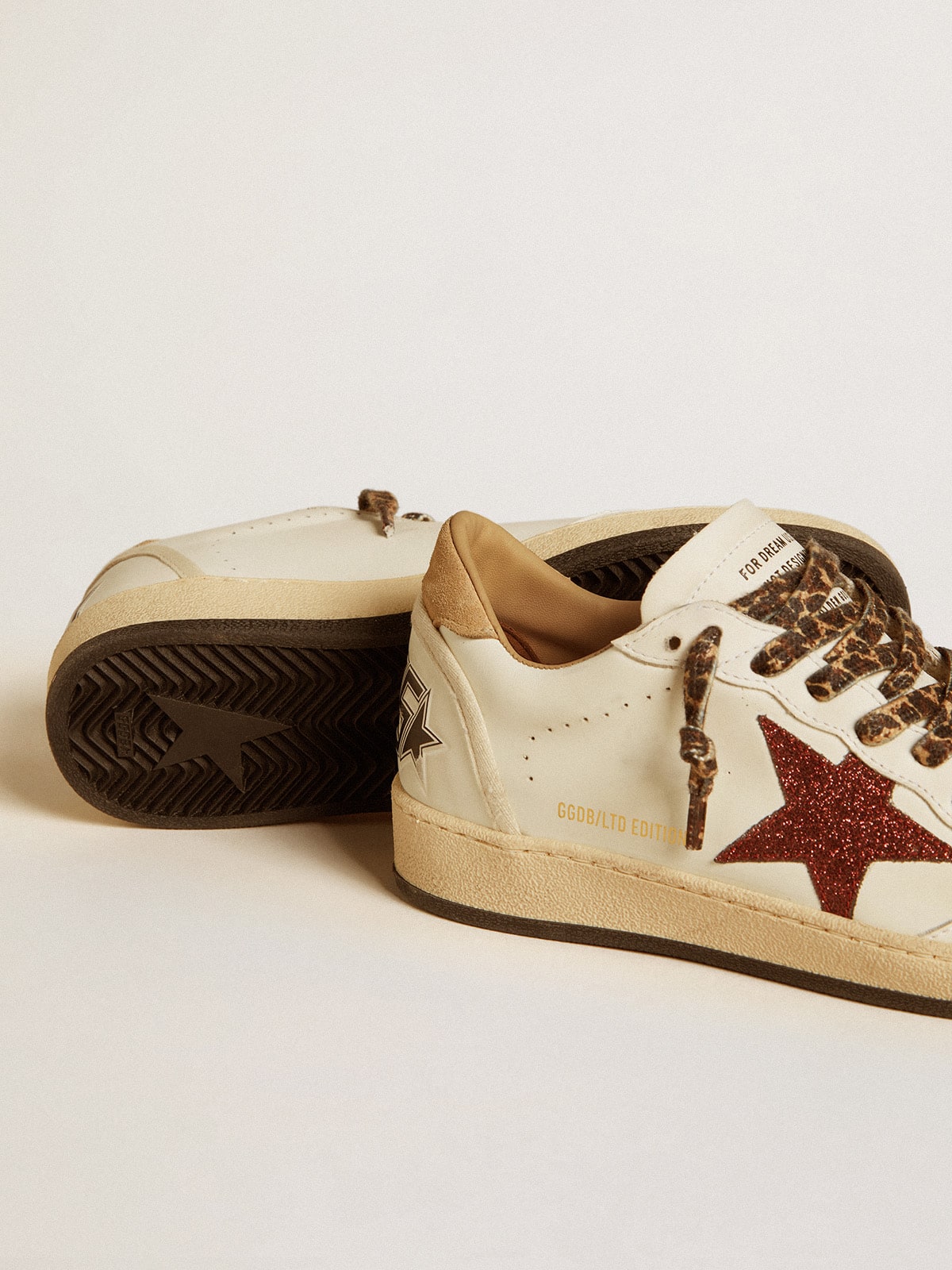 Golden Goose - Women's Ball Star LTD with burgundy glitter star and beige suede heel tab in 