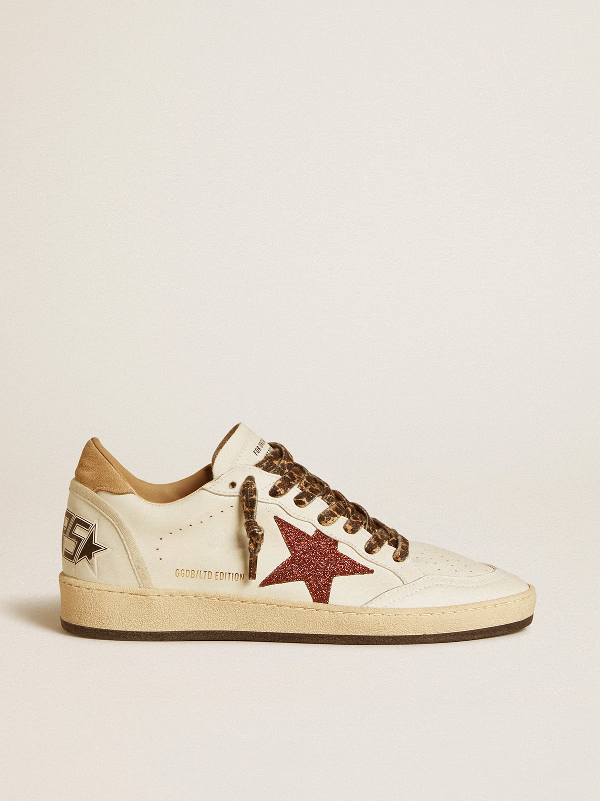 Golden Goose - Women's Ball Star LTD with burgundy glitter star and beige suede heel tab in 