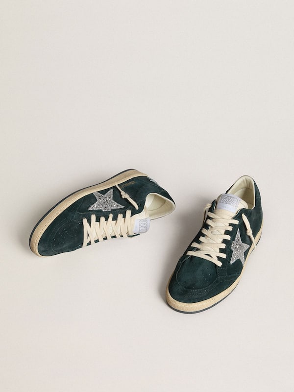 Golden Goose - Women's Ball Star in green suede with silver glitter star in 
