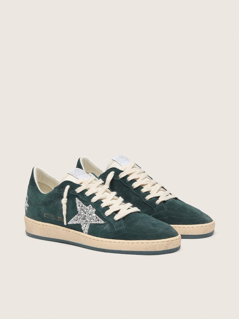Golden Goose - Women's Ball Star in green suede with silver glitter star in 