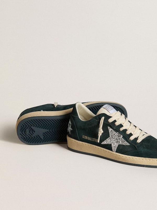 Golden Goose - Women's Ball Star in green suede with silver glitter star in 