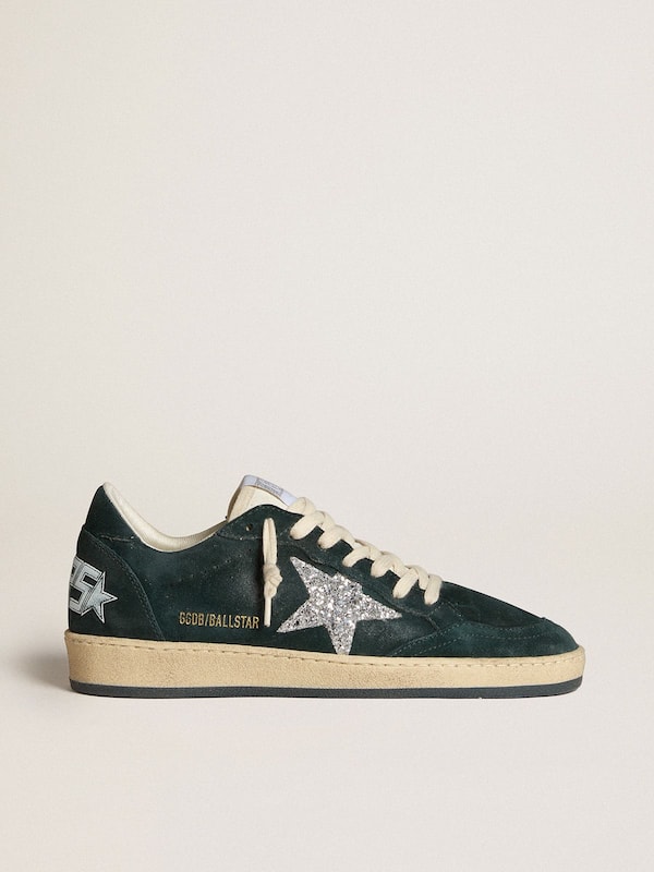 Golden Goose - Women's Ball Star in green suede with silver glitter star in 