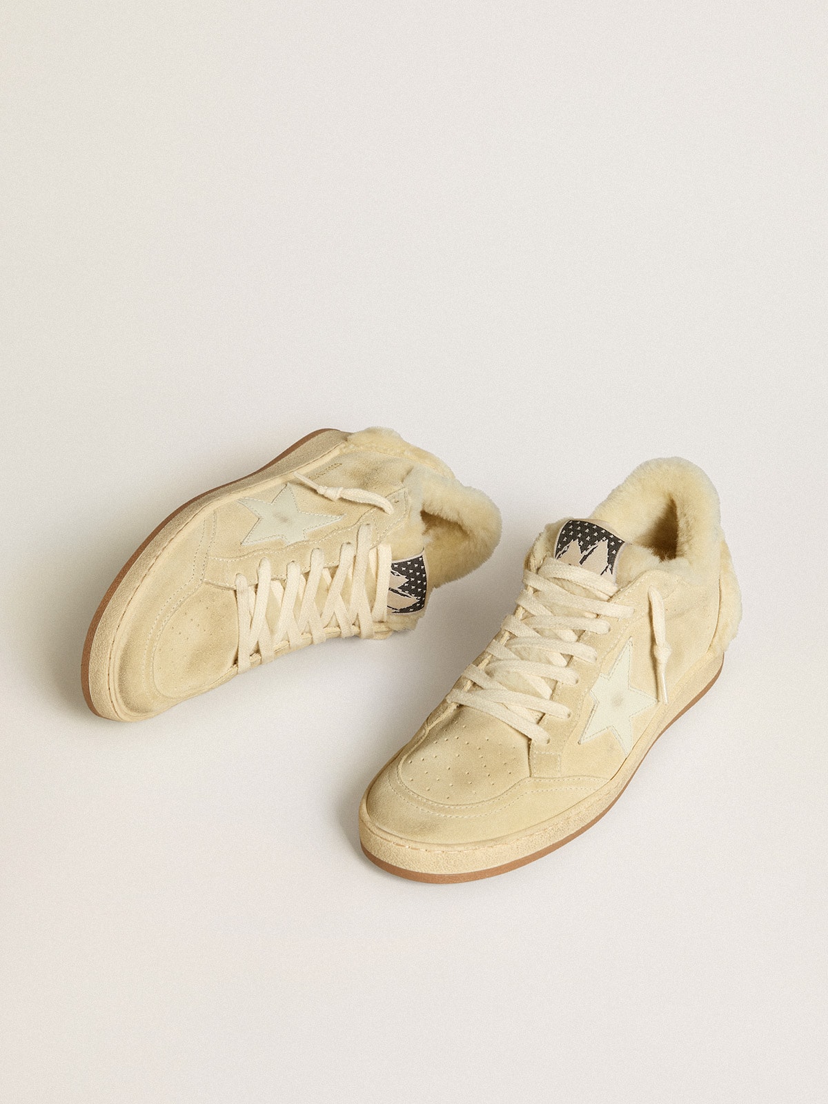 Golden Goose - Ball Star LTD in suede and shearling with white patent leather star in 