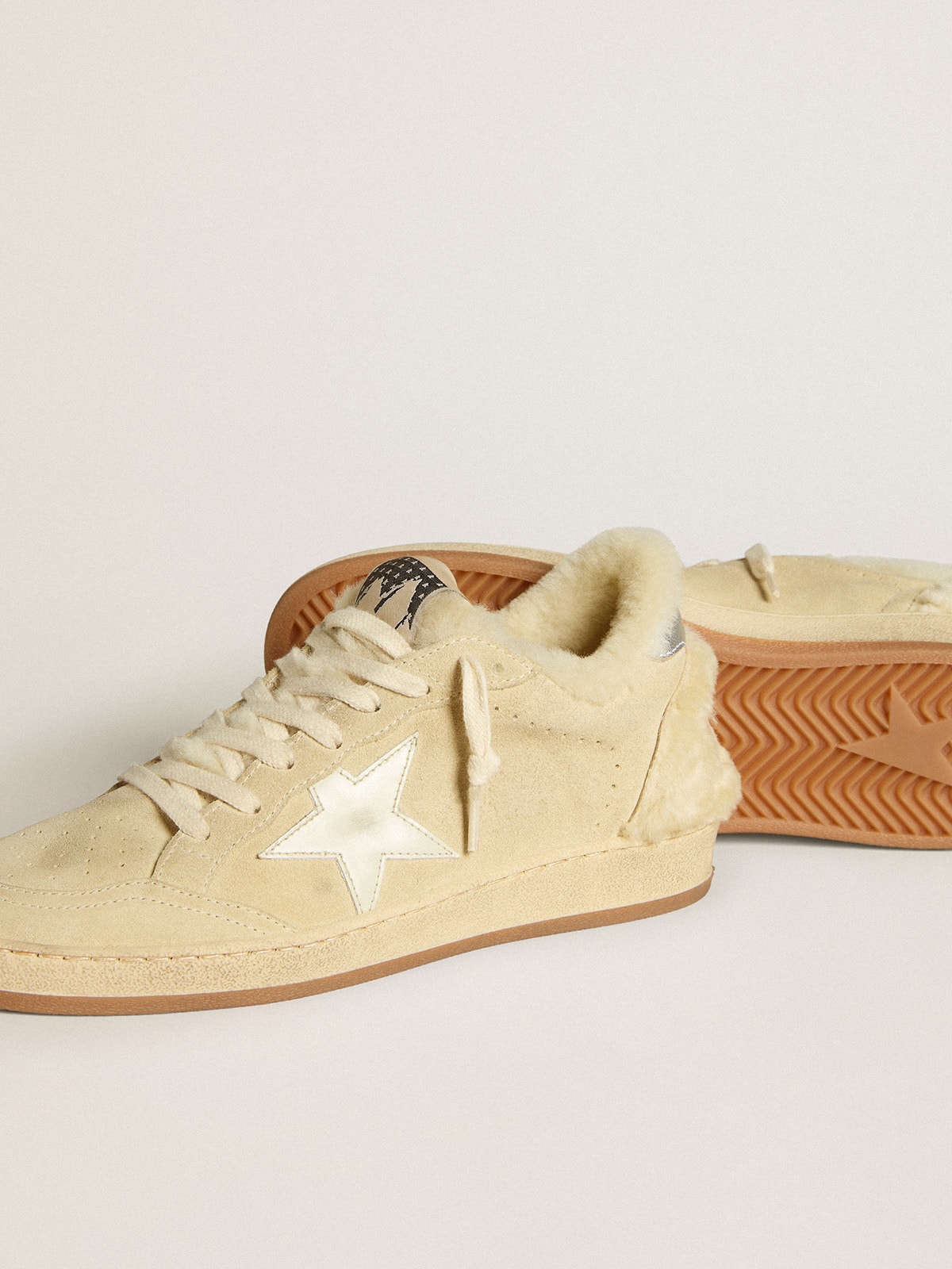 Golden Goose - Ball Star LTD in suede and shearling with white patent leather star in 