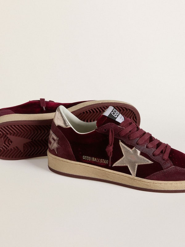 Golden Goose - Women's Ball Star in burgundy velvet with gold metallic leather star and heel tab in 
