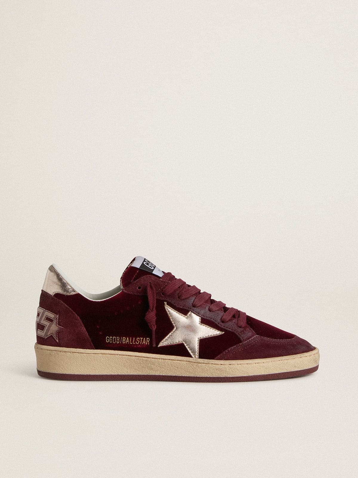 Golden Goose - Women's Ball Star in burgundy velvet with gold metallic leather star and heel tab in 