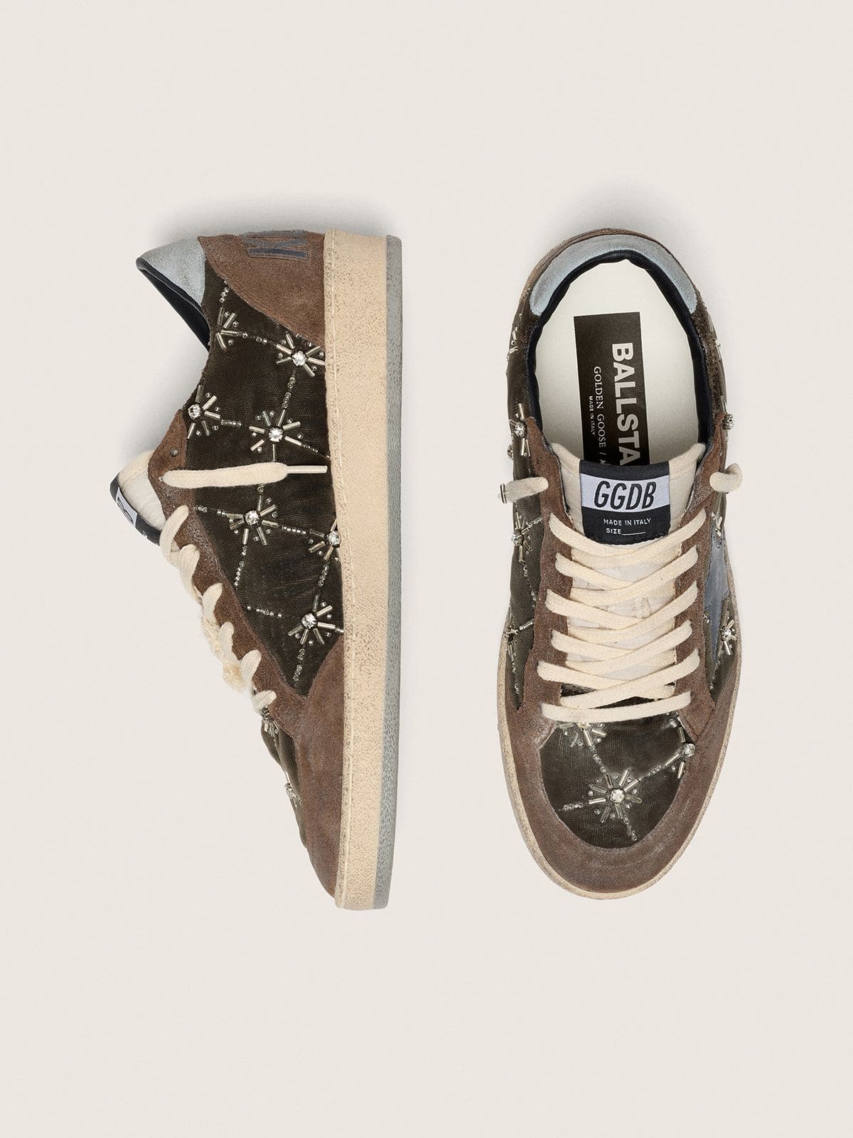 Golden Goose - Ball Star Donna LAB in velluto matelass&eacute; marrone con strass e stella in pelle nera in 