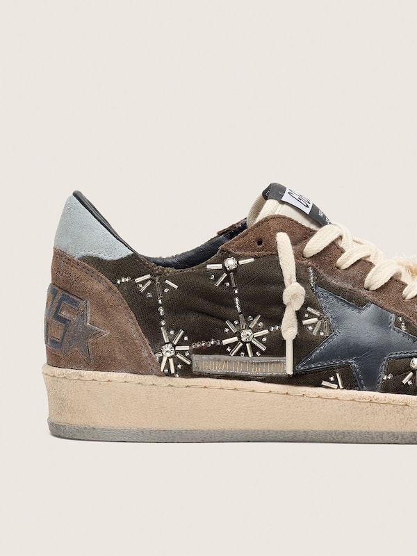 Golden Goose - Women's Ball Star LAB in brown matelass&eacute; velvet with rhinestones and black leather star in 