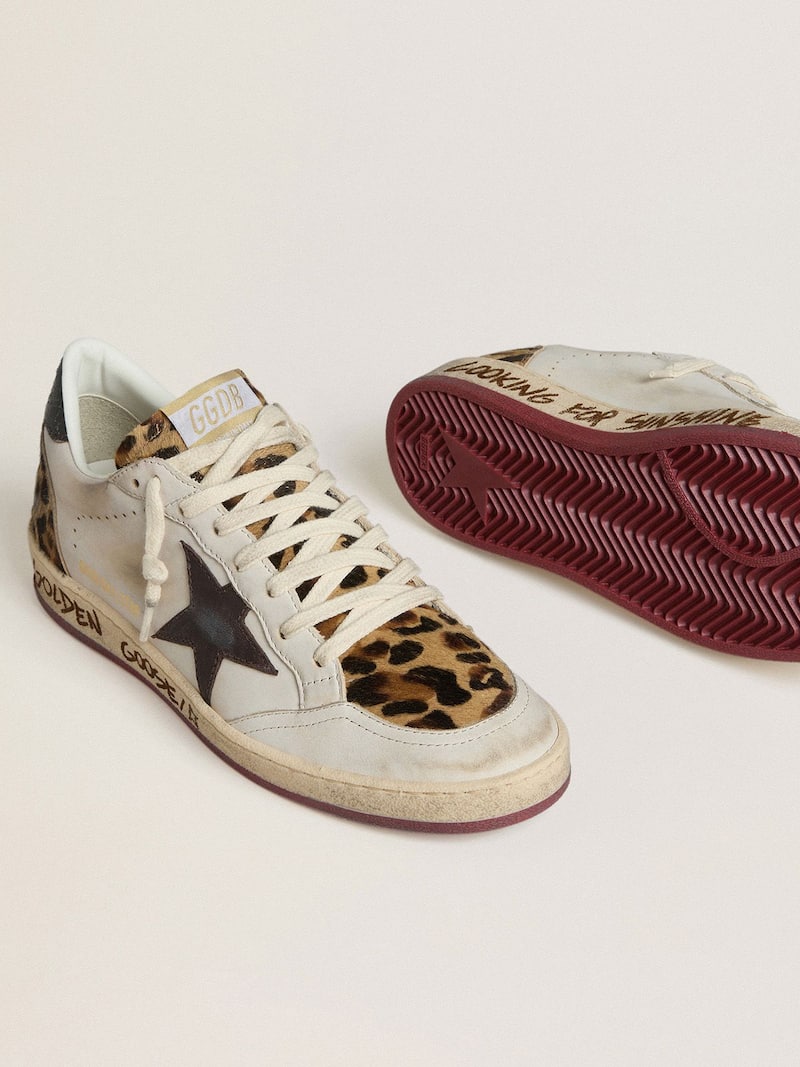 Golden Goose - Ball Star donna in pelle bianca e cavallino leopardato con stella marrone in 
