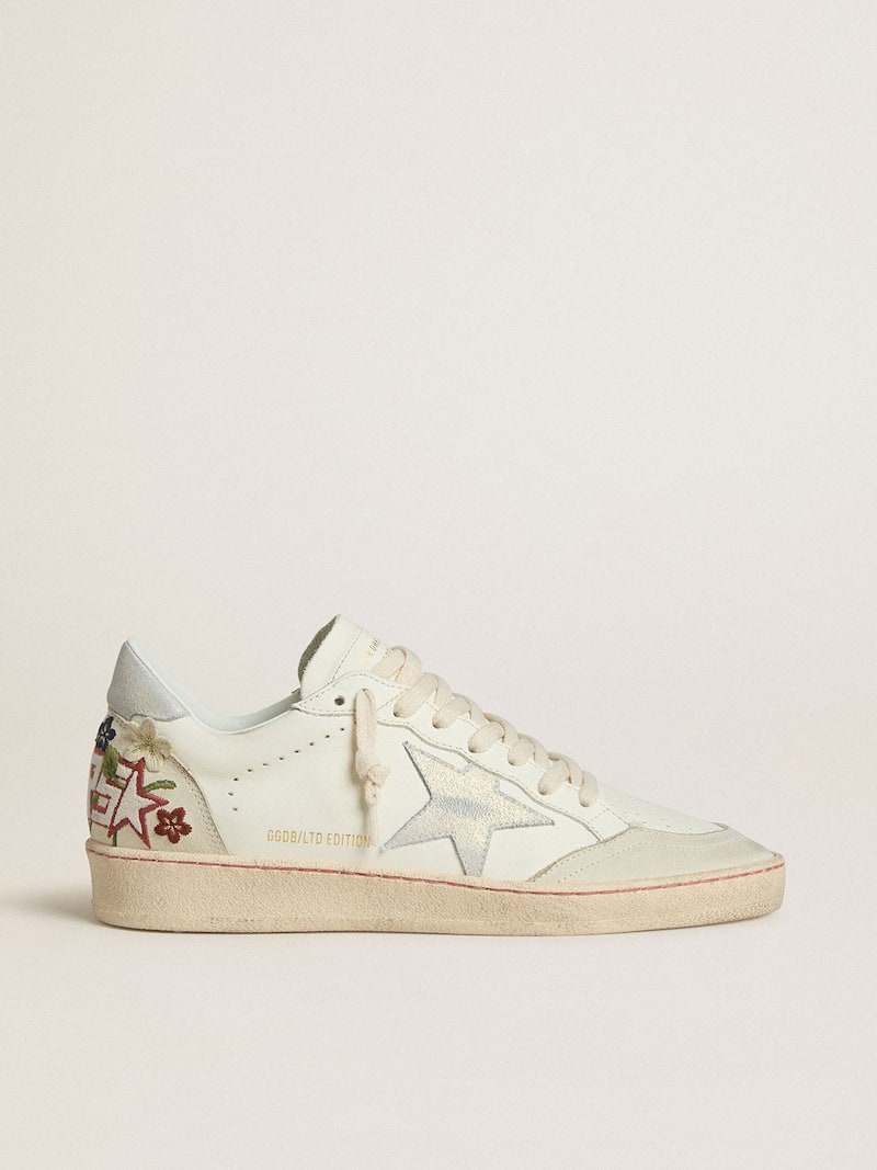 Women&rsquo;s Ball Star in leather with platinum suede star and multicolor floral embroidery