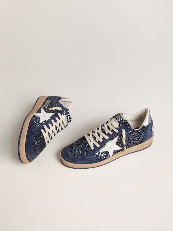 Golden Goose - Women's Ball Star LTD in blue glitter with leather star and metallic leather heel tab in 