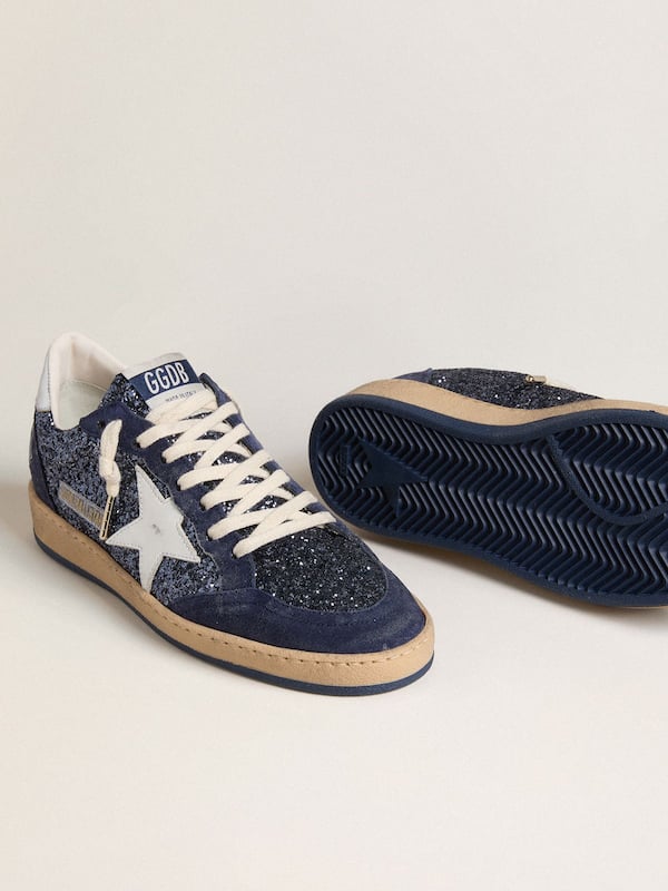 Golden Goose - Women's Ball Star LTD in blue glitter with leather star and metallic leather heel tab in 