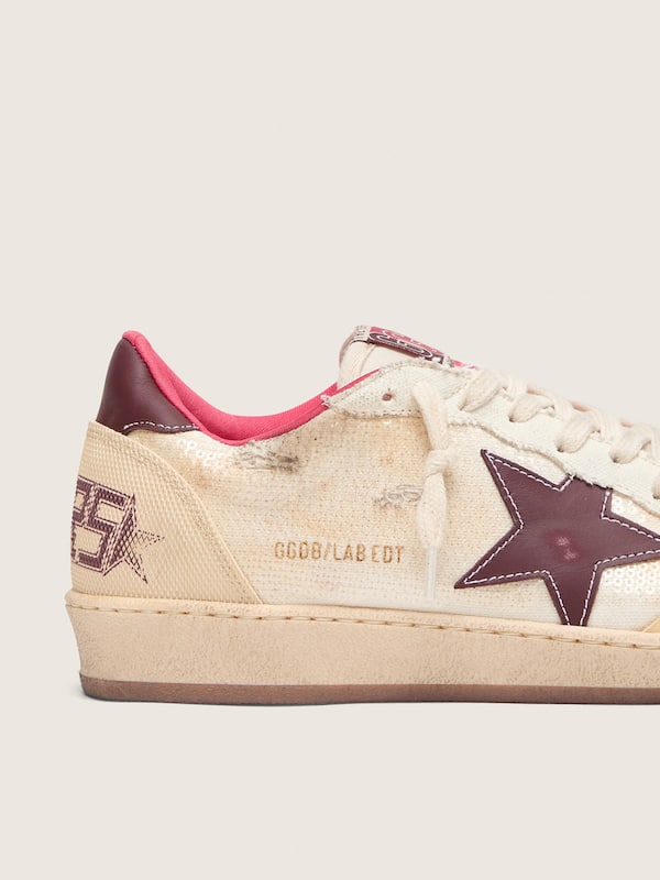Golden Goose - Ball Star femme LAB en sequins beige avec &eacute;toile bordeaux in 