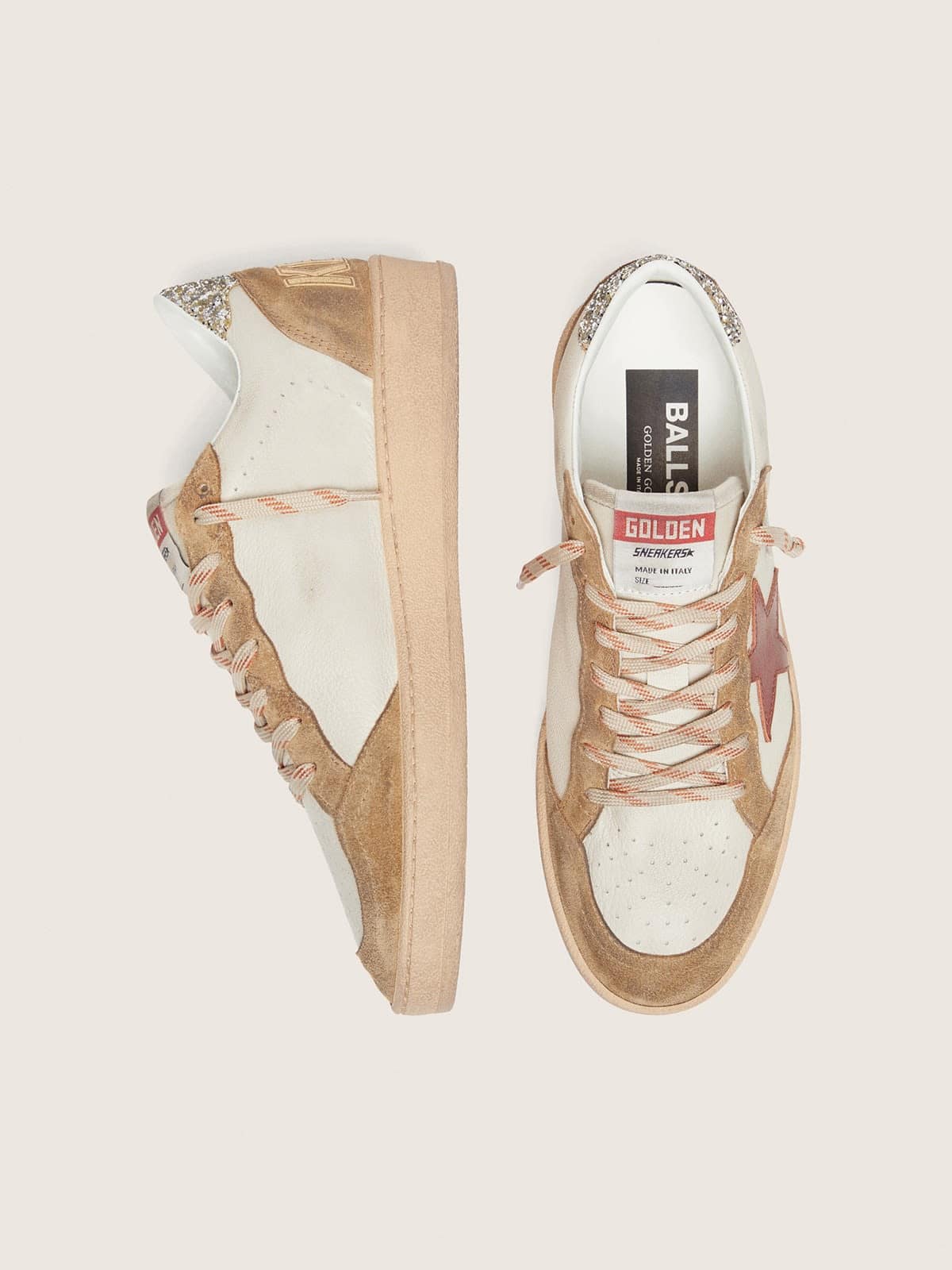 Ball Star femme en cuir cr&egrave;me avec &eacute;toile en cuir brique et empi&egrave;cements en cuir velours